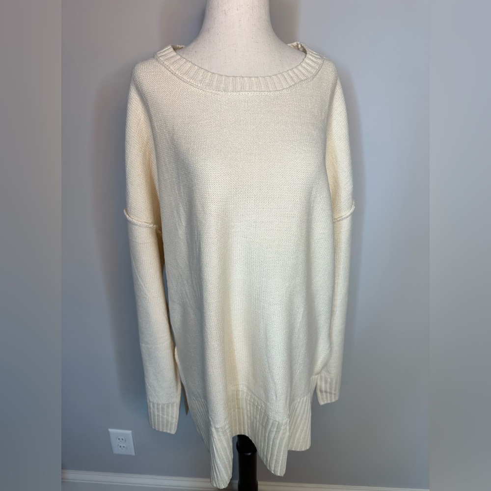 NWT Sz L Merokeety crew neck knit cream ivory tunic sweater longer wide sleeves